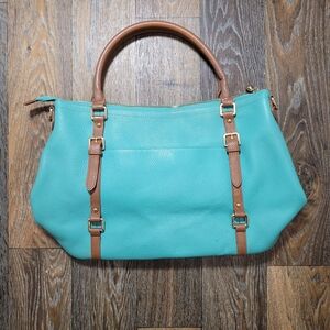 Vicenzo Leather Tote Bag Teal Blue Brown Large